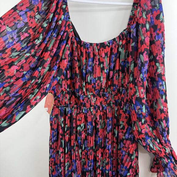 Arula New Black Floral Pleated Mini Dress 1X Long Balloon Sleeve Ruffle Cuffs - Picture 11 of 15